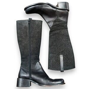 JIGSAW UK Western Zipper Boots Floral Embossed Black Suede Leather Size 38 US 7